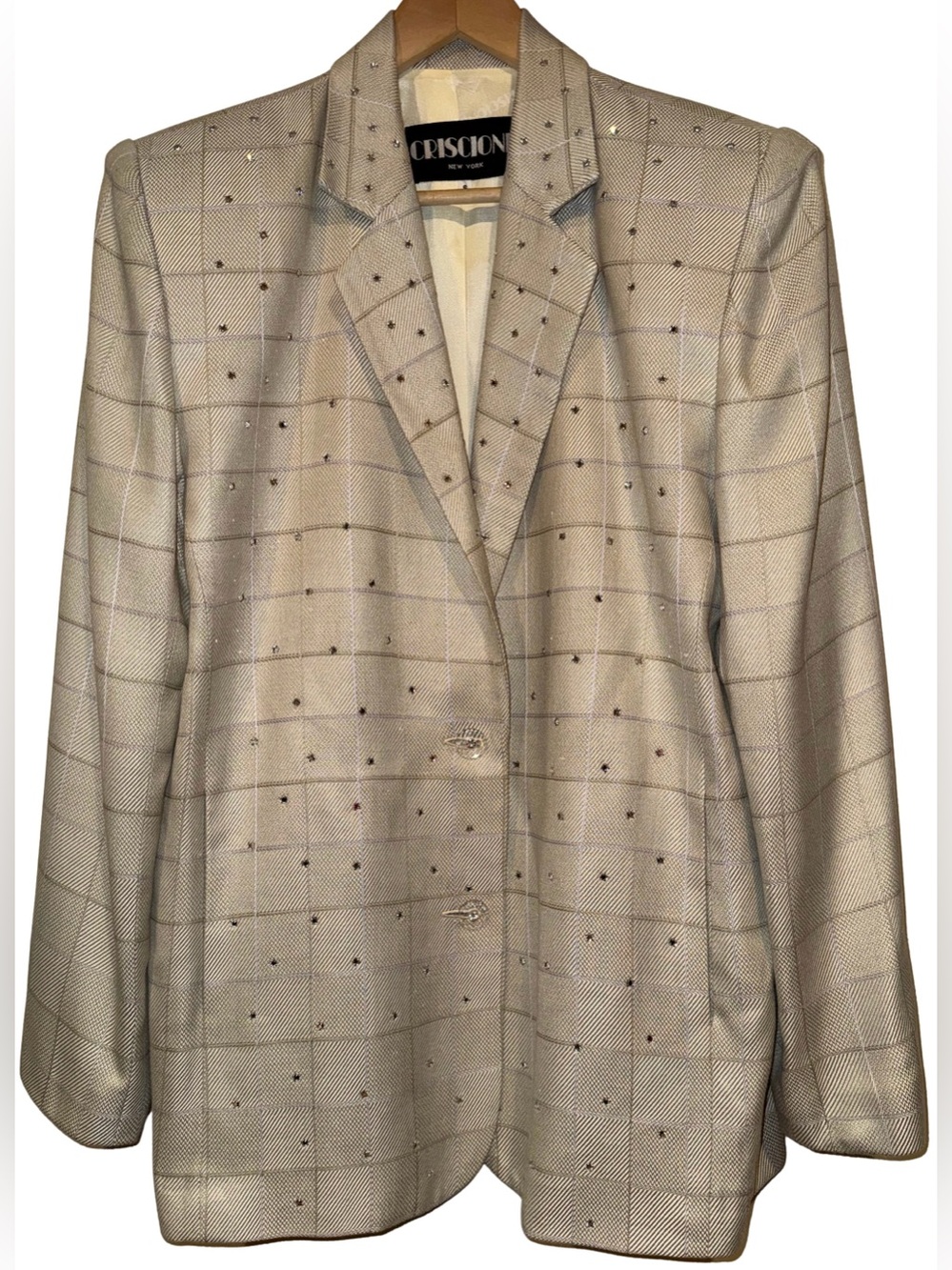 Criscione Vintage Blazer 80s Champagne Rhinestone Embellish Windowpane Plaid S